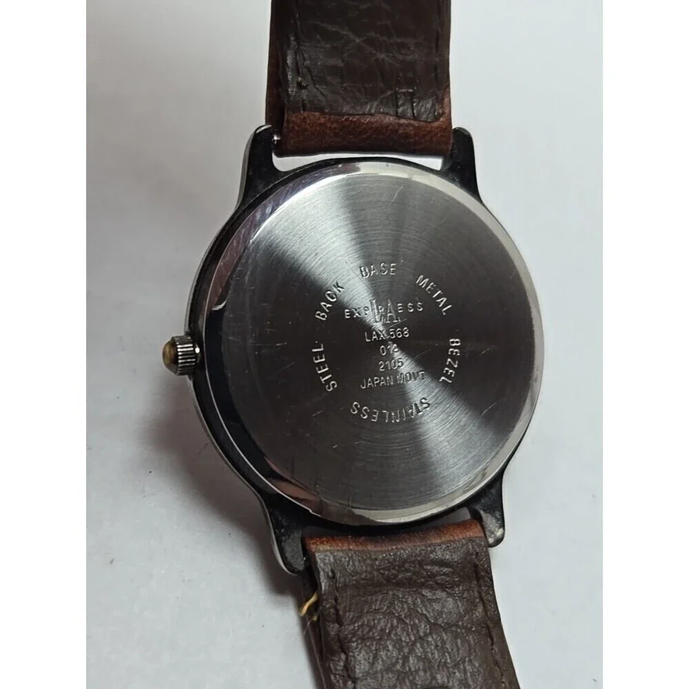 LA Express Moon And Stars Quartz Watch Day Night Date Brown Leather New Battery